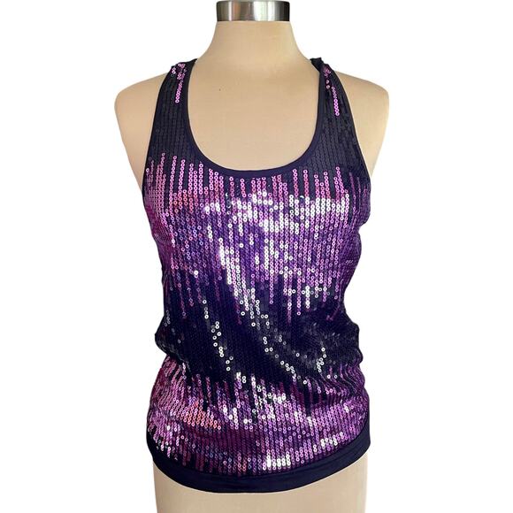 Iris Black Knit Tank Top Purple Sequined Front Scoop Neck MED Party Disco Fairy - Picture 1 of 9